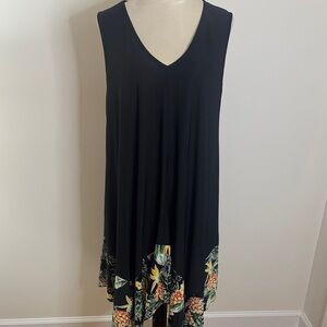 Shoreline Asymmetrical Black Dress with Vibrant Floral Design